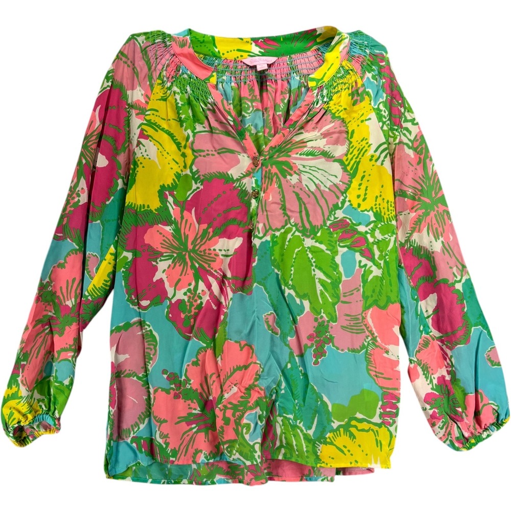 Lilly Pulitzer Elsa Blouse Womens S Silk Electric Feel Floral Tropical Vacation